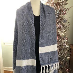 Trina Turk Fringe Throw Blanket Navy Blue White